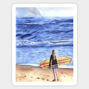 Female Surfer standing at the beach Sticker